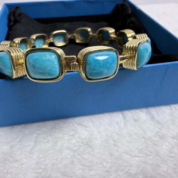 Blue Kingman Turquoise Bangle Bracelet 18k Gold Over Silver JTV Vintage 8" Jewel - Picture 2 of 10